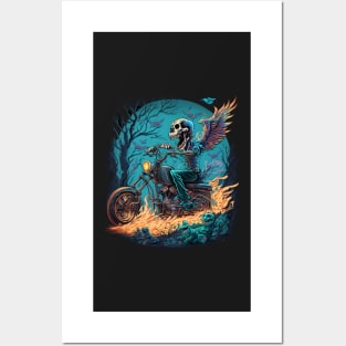 Skeleton riding a motorcycle Posters and Art